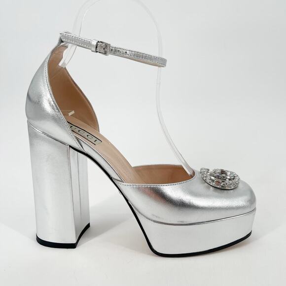Gucci Silver Metallic Crystal GG Platform Ankle Strap Block Heel Pumps EU 37.5 - Picture 3 of 16